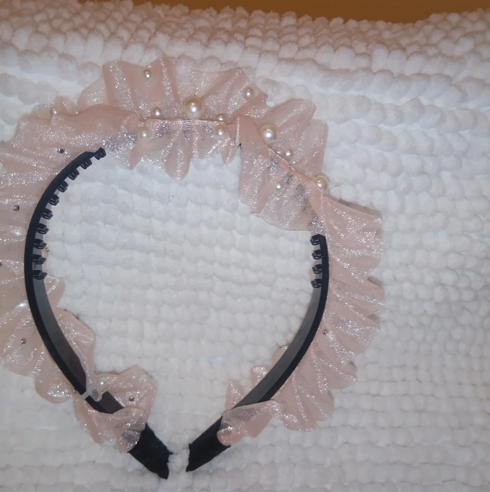 Gorgeous Pink Ruffled Tulle Headband with Faux Pearls | Bridal, Coquette, Fairyc